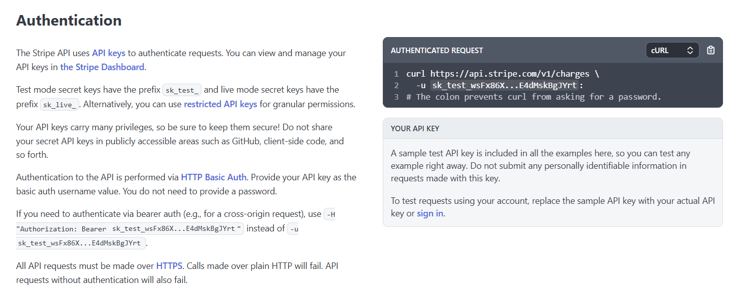 API Documentation showing authentication methods